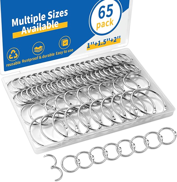 65 Pcs Binder Rings Assorted Sizes (1, 1.5 & 2 inch) - Nickel Plated Silver Metal Book Rings for Index Cards, Keychains, Loose Leaf Paper, Heavy Duty Binder Clips