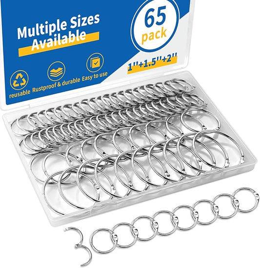 65 Pcs Binder Rings Assorted Sizes (1, 1.5 & 2 inch) - Nickel Plated Silver Metal Book Rings for Index Cards, Keychains, Loose Leaf Paper, Heavy Duty Binder Clips