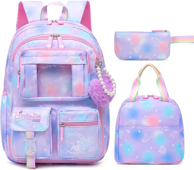 Alrisg Girls Backpack for Kids Elementary Middle School Cute Student Bookbag School Bag Purple Set