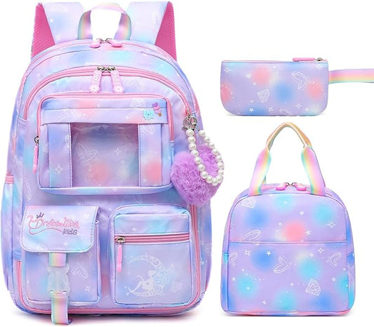 Alrisg Girls Backpack for Kids Elementary Middle School Cute Student Bookbag School Bag Purple Set
