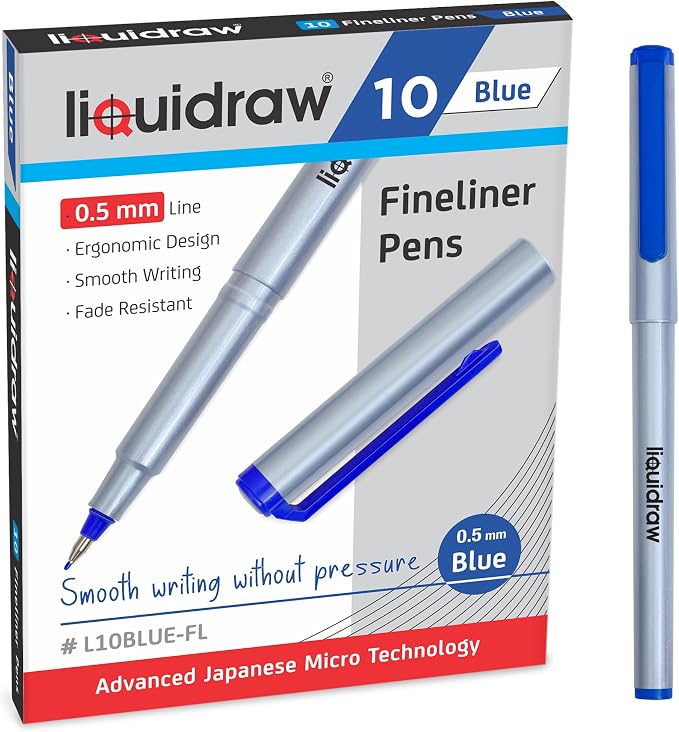 Liquidraw Blue Colored Fineliner Pens, Fine 0.5mm Tip, Set of 10