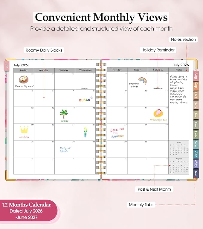 Academic Planner 2026-2027, Hardcover Leather Weekly and Monthly Calendar Planner from July 2026 - June 2027, A5 6.1" x 8.2" Daily Agenda with Tabs, College School Organizer for Student Teacher, Watercolor Blooms