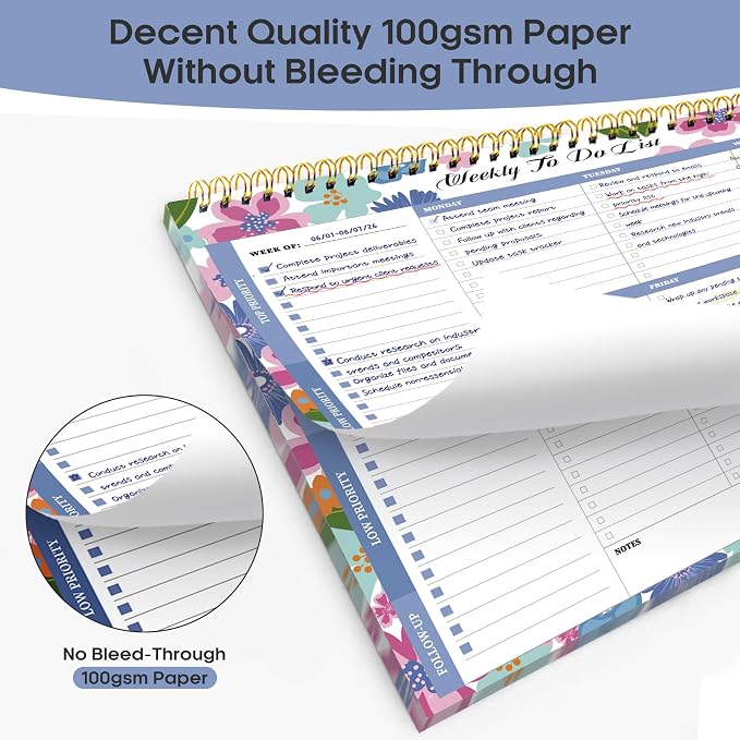 Weekly To Do List Notepad with 52 Undated Sheets（8.5"×11"）- Weekly Desk Planner for Women & Man, Work and Home - Bright Garden