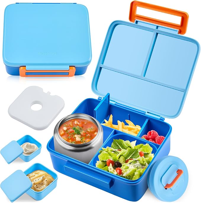 Bento Lunch Box for Kids with 8oz Soup Thermo Leak-Proof Lunch Food Containers with Snack Sauce Container for Kid Girls Boys to School, Blue