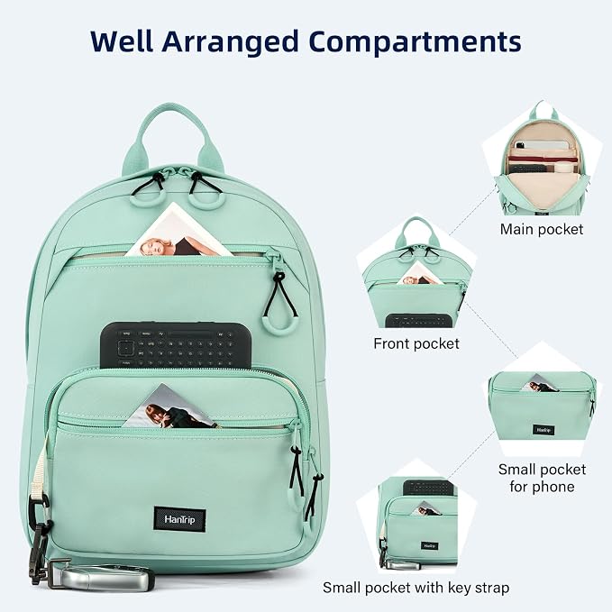 HanTrip 13 Inch Mini Small Travel Backpack Cary on For Women Men, Cyan | 13L Capacity, Lots of Pockets, Padded Shoulder Strap, Lightweight, Water Resistant, Bookbag for College, Commuter, Work