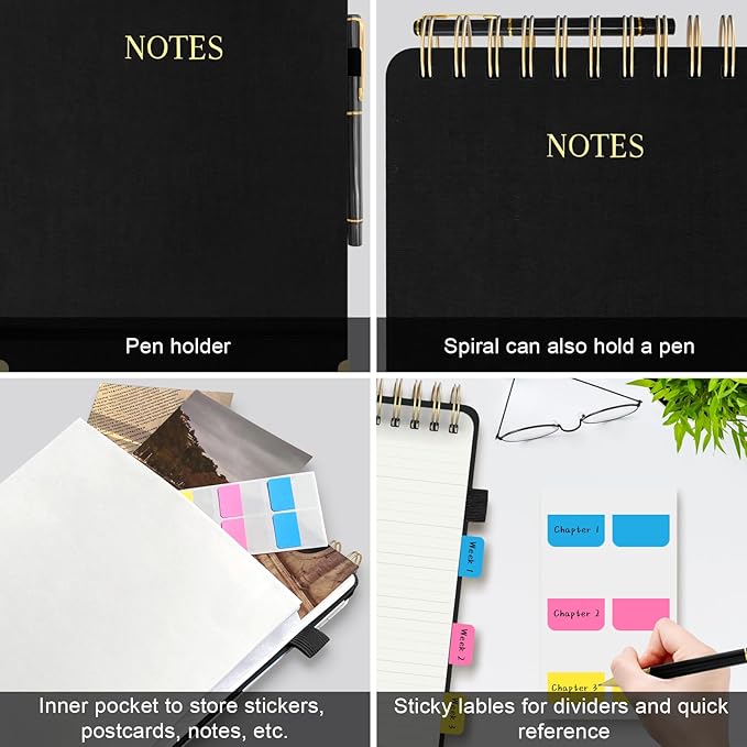 Aesthetic Top Spiral Notebook, A5 Linen Hardcover Top Bound Steno Pads, 240 Pages 100gsm Thick Lined Paper Left Handed Notebook Journal for Work, School, Church Writing - Black, 5.9" x 8.5"
