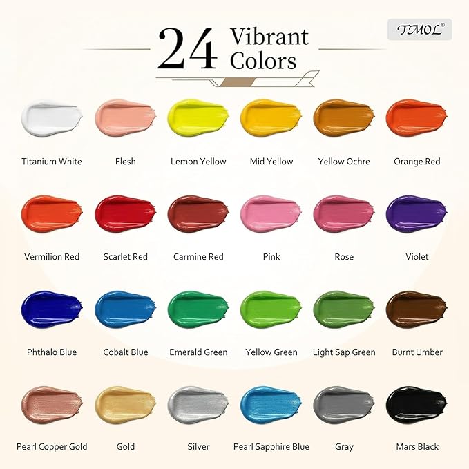 TMOL Acrylic Paint Set, 24 Colors (2 oz/Bottle) with 12 Art Brushes, Art Supplies for Painting Canvas, Wood, Ceramic & Fabric, Rich Pigments Lasting Quality for Beginners, Students & Professional Artist