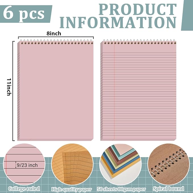 gisgfim 6 Pcs Boho Top Bound Spiral Notebooks 8-1/2" x 11" College Ruled Aesthetic Legal Pad Steno Pads Paper Notebook Wirebound Notepad for Writing School Office Business Supplies