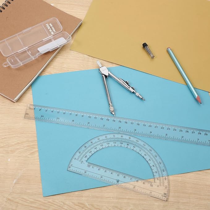 JJUNW Geometry Set, 3 Pcs Geometry Tools with Drawing Compass 12Inch Clear Plastic Ruler Protractor Math Ruler for School Office Math Drawing Drafting Engineering Architecture Art