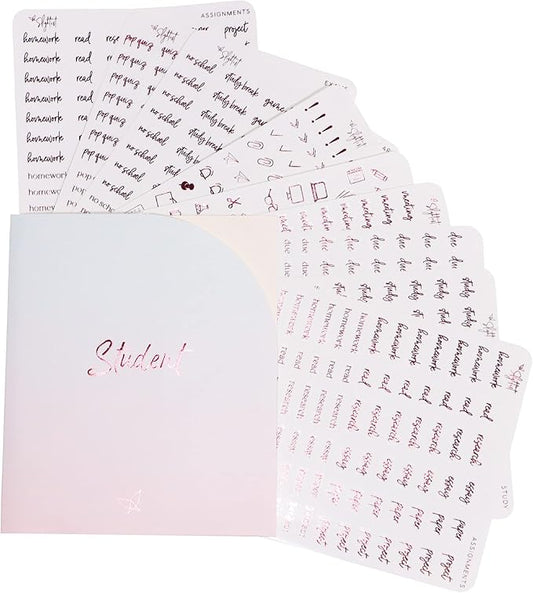 Student Planner Stickers - Clear Medium Pink Foil - School - Study - Icons - Tests - Homework - Over 600 Stickers - Folder Included - Minimal - Cherry Soda