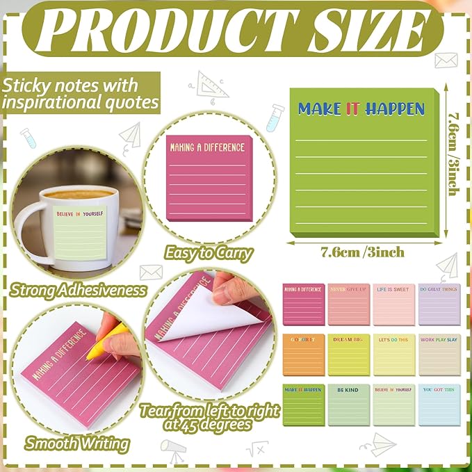 Yinder 24 Pcs Inspirational Sticky Notes Cute Motivational Sticky Notes Pad End of Year Employee Appreciation Gifts Bulk for Teacher Nurse Coworkers Office Supplies 3 x 3'' (Inspirational,Macaroon)