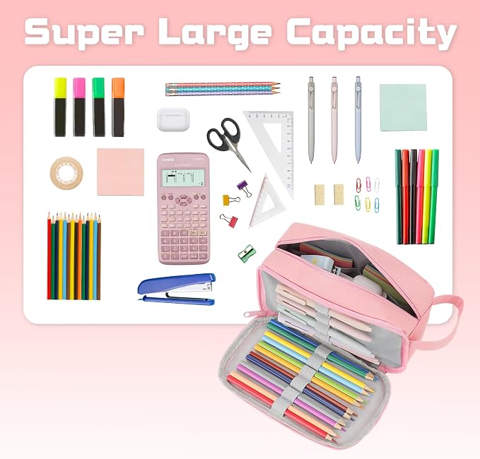 Yeplan Pink Pencil Case with Handle,Large Capacity Pencil Pouch | 3 Compartments Pencil Bags,Cute Pencil Case with Zipper,Stationery Storage for Teen and Adult,Pencil Case For Girls