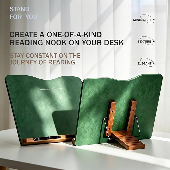 Wooden Book Stand for Reading, Adjustable Book Holder, Foldable Designs, and Elastic Clips, Multifunctional Display Stand for Book, Cookbooks, Recipe, Magazines, Tabletop Easel, Tablets, Laptops