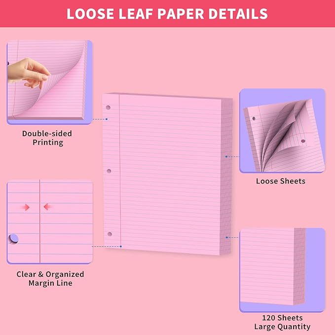 Pink Loose Leaf Paper 120 Sheets Pink Paper 8" x 10.5" College Ruled Notebook Paper Filler Paper 3-Hole Punched Lined Paper for 3-Ring Binders 8 x 10-1/2 Binder Paper for Home School Office Supplies
