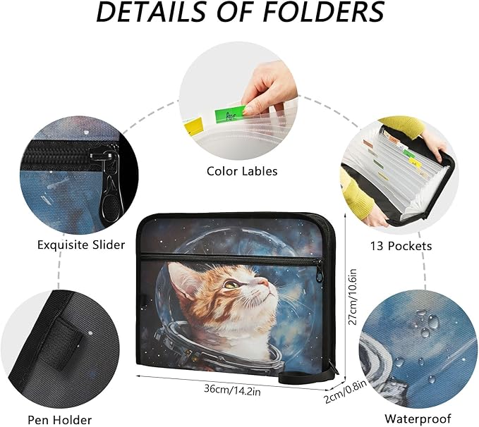 Cat Astronaut Watercolor 13 Pocket File Organizer Expanding File Folder with Front Pouch Portable Business File Storage Document Organizer Folder with Zipper