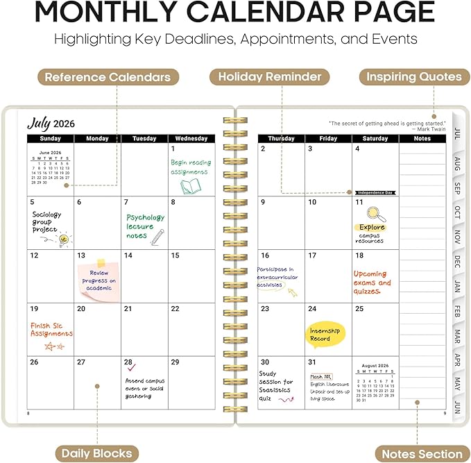 Planner 2026-2027, 6.3" x 8.5" Weekly and Monthly Academic Year Planner Calendar, July 2026 - June 2027, Hardcover Large School Planning Agenda With Tabs, Perfect for School & Office Supplies, A5, Beige