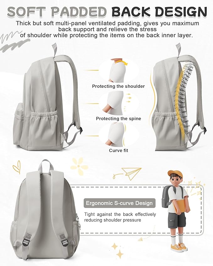 Small Grey Backpack for School Women Girls, Waterproof Bookbag Cute High School Backpack for Men Teen Boys, Lightweight Travel College Back Pack Mochilas Escolares para Casual Daypack