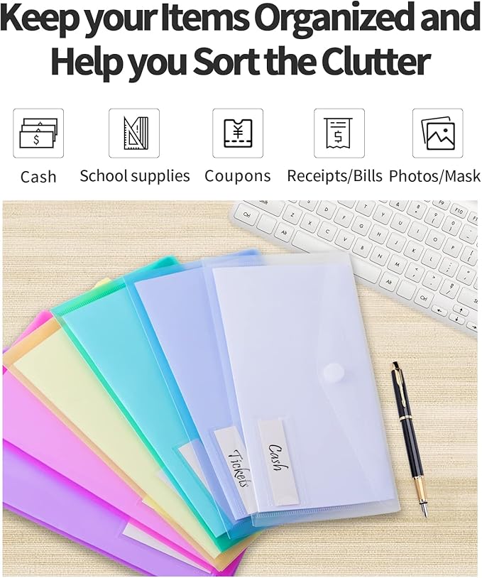 Sooez 24 Pack Plastic Pencil Pouch, Clear Poly Envelopes File Bill Bag with Label Pocket, Plastic Pencil Case Bulk for A6 Size Files Money Envelopes for Cash Storage, Teacher School Office Supplies