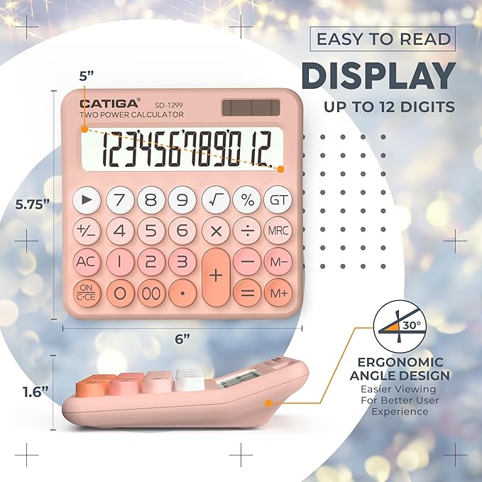 CATIGA Mechanical Switch Calculator with Solar and Battery Dual Power, 12-Digit Large LCD Display, Aesthetic and Cute Desktop Calculator with Big Button, for Home, School and Office Use, SD-1299