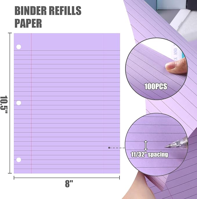 HIBOX Purple Loose Leaf Paper, 100 Sheets 8"x10.5" Colored Notebook Paper, 3-Hole Punched for 3-Ring Binders Notebook, School & College, Fights Ink Bleed, Office Planners
