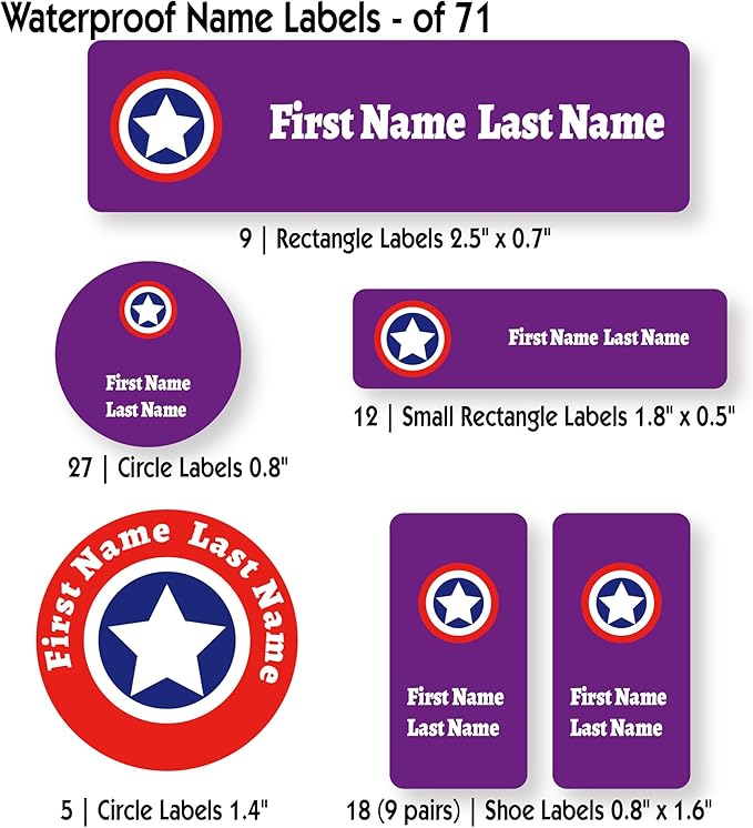 Personalized Kids Name Labels – Waterproof Custom Stickers for Daycare & School, Dishwasher & Laundry Safe (Captain - Purple)