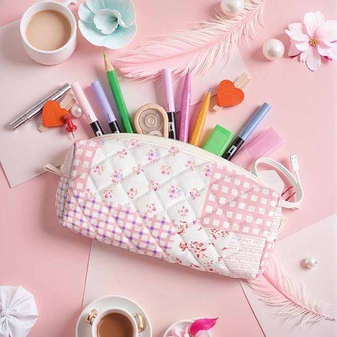 Cute Quilted Pencil Case for Girls Women, Aesthetic Small Floral Pencil Pouch,Slim Soft Pencil Bag for School Supplies Makeup Pouch for School & Daily Use (Pink Patchwork)
