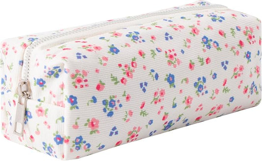 Corduroy Pencil Case for Girls Kids Large Capacity Aesthetic Pen Pouch Makeup Bag Cosmetic Organizer Cute Stationery Storage Bag for School Office Travel Minimalist Pencil Box (Floral-G)