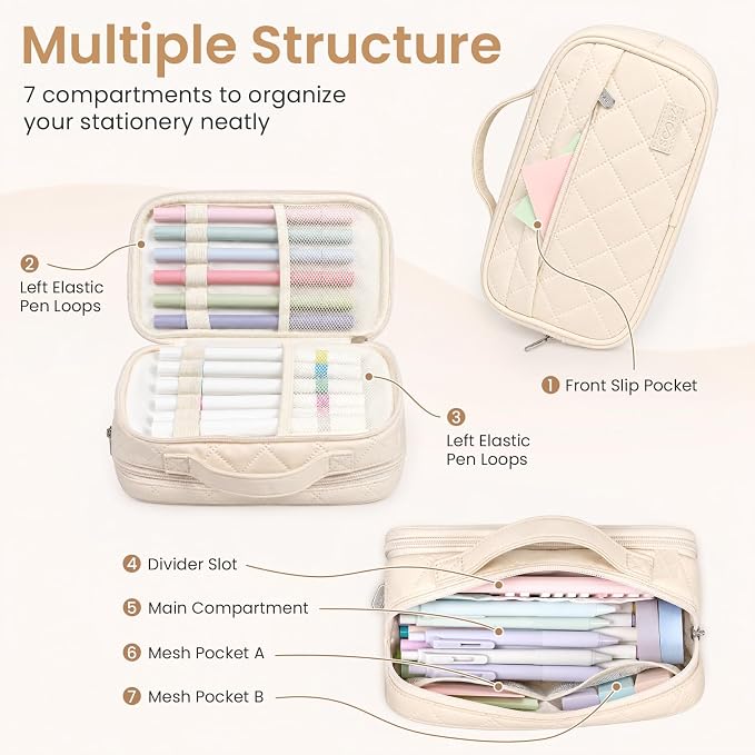 Sooez Large Pencil Case, Pencil Pouch with Handle, Pen Bag Marker Organizer | Soft Quilted, 7 Compartments, Wide Opening, Smooth Sturdy Zippers, Aesthetic Design, School Supplies for Teen Girls & Women