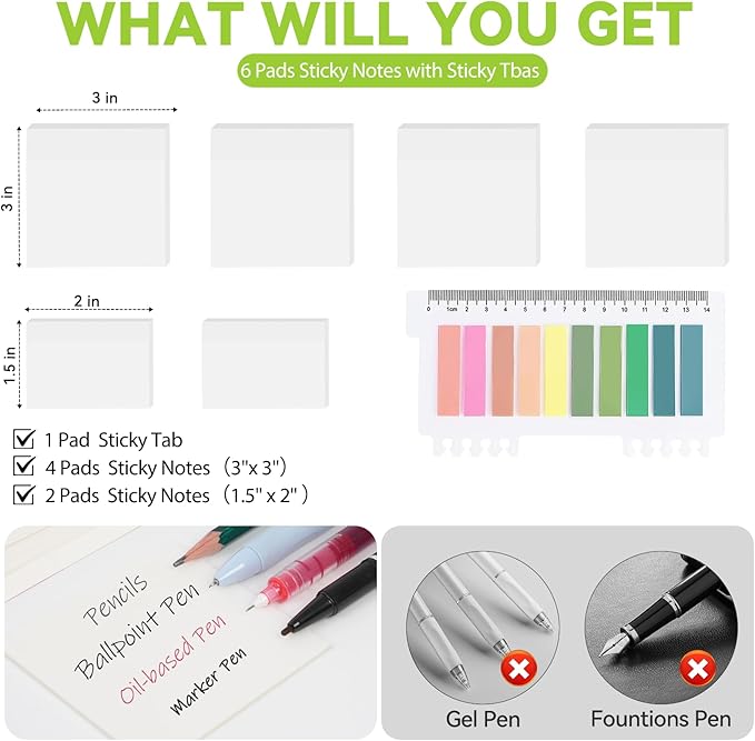 6 Pads Transparent Sticky Notes with Sticky Tabs, Tecolu 3x3 inch Clear Sticky Notes【Waterproof, 5X Adhesive Strength】, See-Through Translucent Sticky Notes for School Office Bible Study Supplies
