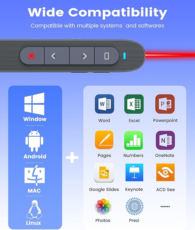 Presentation Clicker Rechargeable Compatible with Bluetooth and RF 2.4GHz Red Light, Wireless Presenter Remote Control for Powerpoint Presentations Slide Clicker for Mac Computer