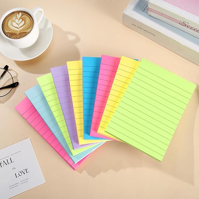 12 Pack Lined Sticky Notes 4x6 in Bright Colors Self-Stick Note Pads with Lines, Colorful Bulk Sticky Memo Pad for School, Office, Meeting
