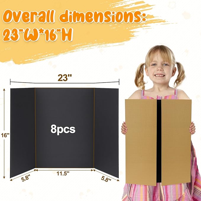 8 PCS Trifold Poster Board - 16" x 23" Small Tri Fold Display Board Hard & Thick Black Presentation Cardboard for Science Fair, School Projects, Business Supply