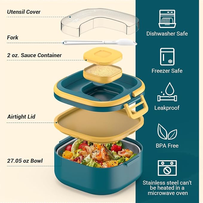 PEDECO Stackable Stainless Steel Bento Box with Insulated bag,Adult & Kids Luch Box,Leak-Proof,1-Tier Bento box,Lunch Box With Portable Sauce Pod and Cutlery-for Teens/Toddler,Dishwasher Safe,Blue
