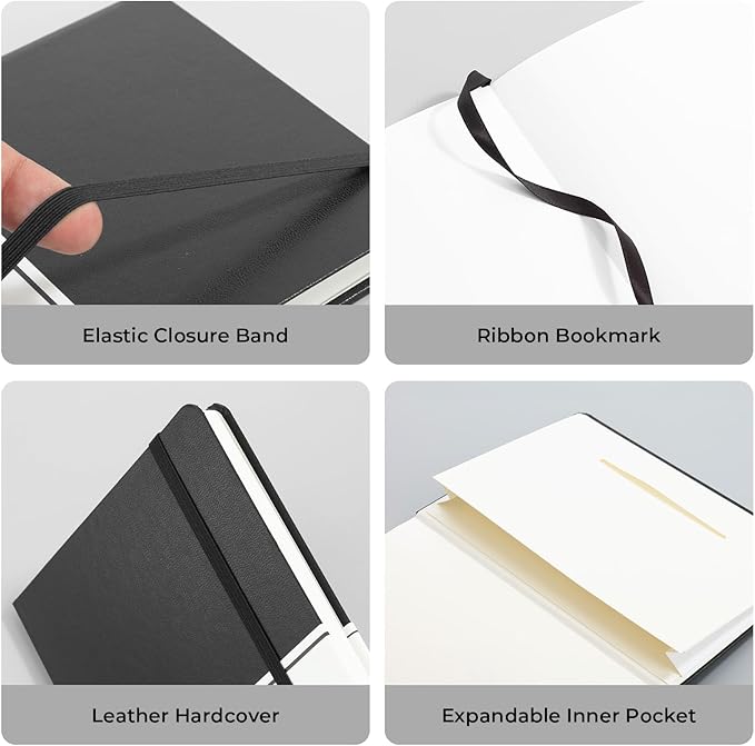 M&G Blank Journal Notebook, 160 Pages, A5 Medium Size 5.6" x 8" for Men Women, 100GSM Thick College Ruled Paper for Journaling, Writing, Sketching, Leather Hardcover, Black
