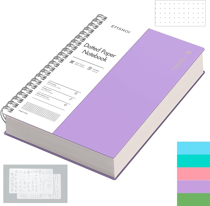 EMSHOI Dotted Journal Spiral Notebook, 300 Pages, A4 Large 8.27"x11.2", 100 GSM Thick Paper, Flexible Plastic Cover, 5mm Dot Grid Notebook for Journaling, Planning, Drawing, Writing, Purple