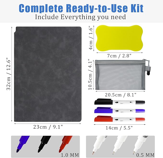 2 Pack Portable White Board Dry Erase Notebook 12" x 9" (A4), Black & Blue Double Sided Folding Reusable Whiteboard, Anti-Ghosting & Anti-Smudg Surface Notebook