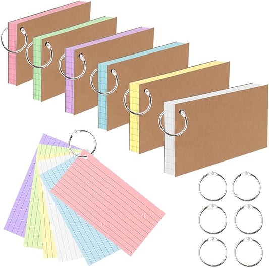 300 PCS Punched Lined Index Cards 3x5 Inch, Ruled Flash Cards With 6 Rings, Colored Notecards For Studying, Notes, Learning Memory，School, Office And Home(6 Colour）