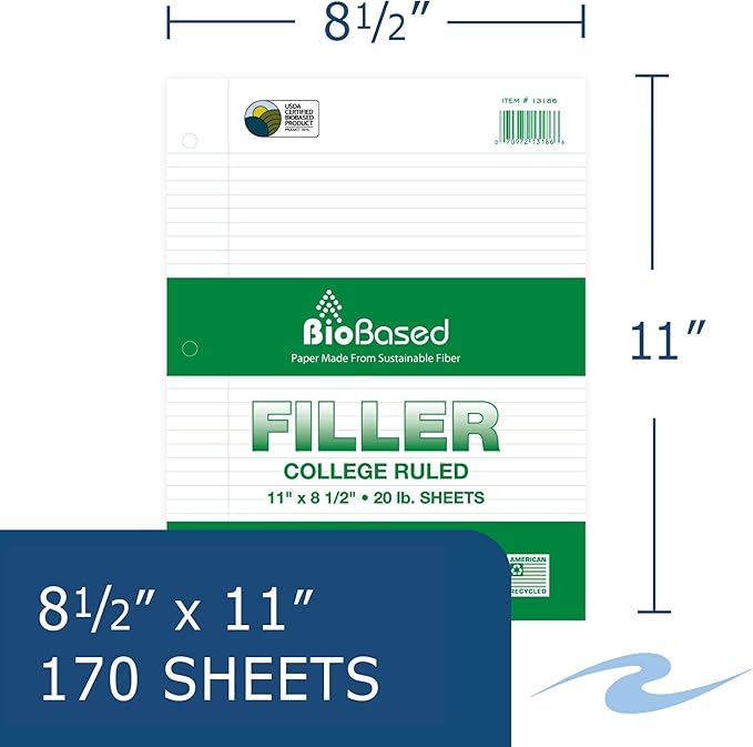Roaring Spring Biobase Filler Paper, 8.5"x11", 170 Sheets Per Package of 20# White Paper 3-Hole Punched, College Ruled W/Margin (Case of 12)