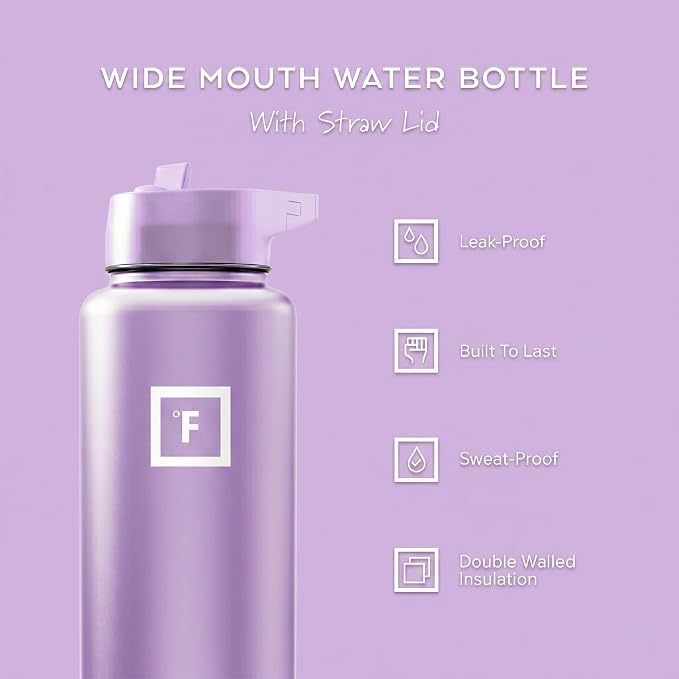 IRON °FLASK 40 oz Wide Mouth Water Bottle with Straw | Insulated Stainless Steel Sports Water Bottle with Leakproof Straw Lid - BPA Free, Cold 24 Hrs, Sweat Free (Lavender)