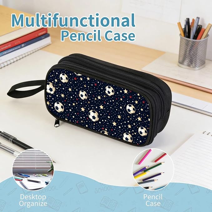 Firmiso Kids Pencil Case, Soccer Star Pattern, Large Capacity Double Zipper Pencil Pouch with Compartments, Durable Polyester Stationery Organizer, Pen Case for Boys Girls Students