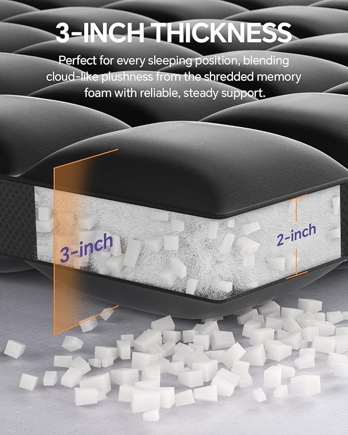 ChiXpace Dual Layer 5 Inch Memory Foam Mattress Topper Full | 3 Inch Pillow Top Mattress Pad Cover and 2 Inch Gel Memory Foam, 7-Zone Egg Crate & 2-in-1 Design(Black)