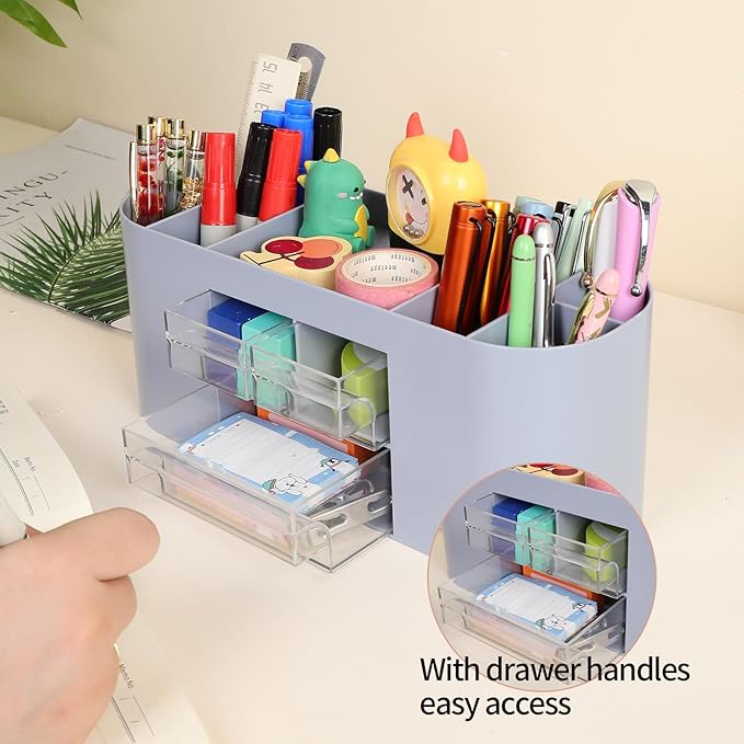 INSTOME Pencil Pen Holder for Desk with 3 Drawers - All-In-One Desk Organizer - Perfect Desk Accessories for Office Use - Stylish & Convenient Desk Organizers and Accessories (Blue)