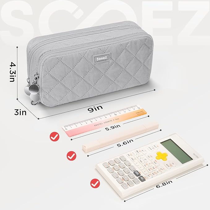 Sooez Large Pencil Case Pouch, Extra Big Pencil Bag with 8 Compartments, Pen Bag Wide Opening, Soft Quilted Pencil Pouch Organizer with Zipper, Portable Pencil Case for Teen Girls, Gray