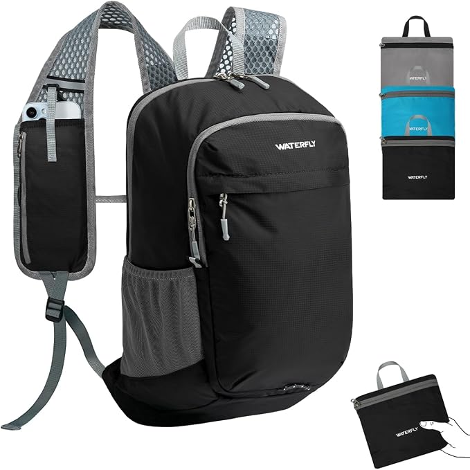 WATERFLY Small Packable Travel Backpack: 15L Lightweight Hiking Daypack | 0.59 lb,Water-Resistant Nylon,Breathable Straps,Reflective Strips,Phone Pocket,Multi-Pockets,Hiking,Cycling,Commute,Men Women