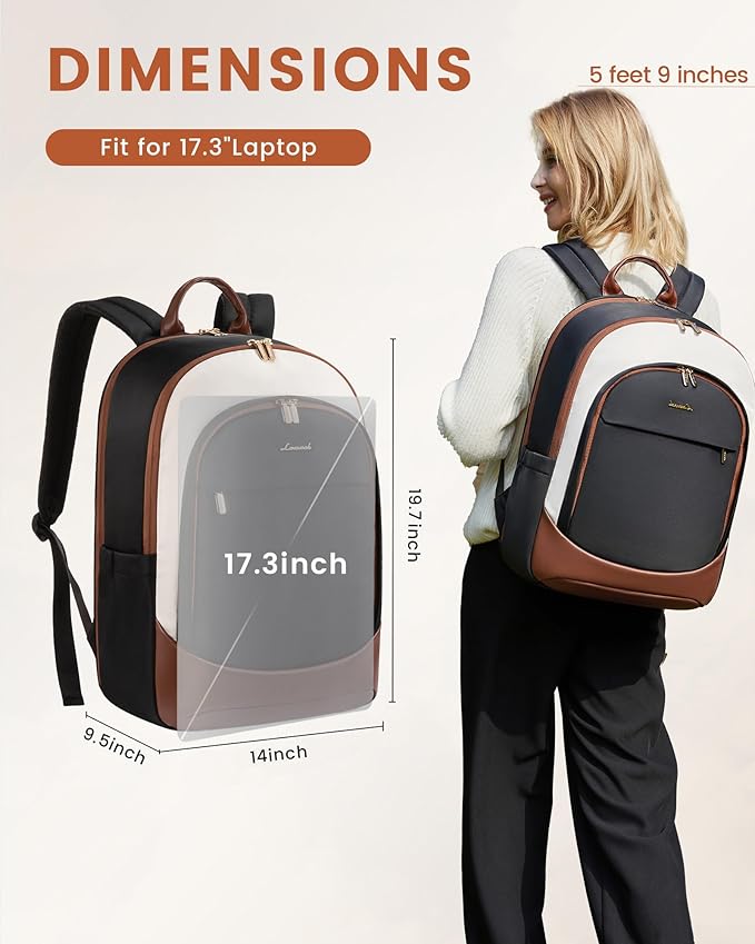 LOVEVOOK Laptop Backpack for Women, 18 Inch Travel Backpack, Large Capacity Casual Daypack, Work Computer Backpack, Travel Backpack for College, Cream Chestnut Brown