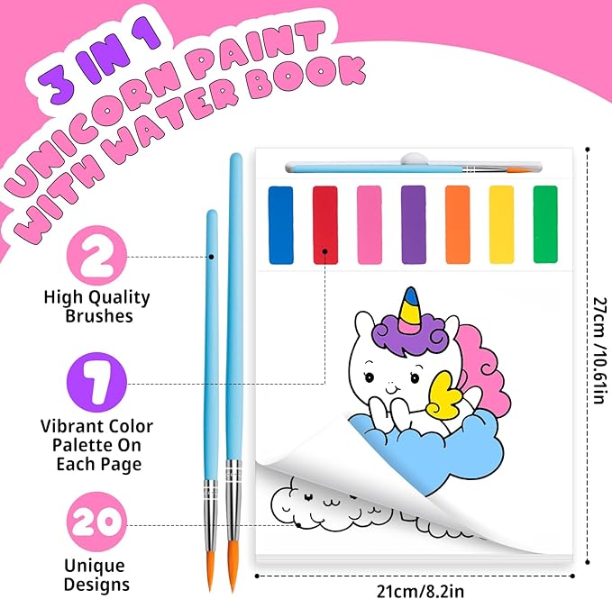 Fenmay Paint with Water Coloring Books for Kids, Mess Free Watercolor Paint Sets with 2 Premium Brushes, Arts and Crafts Birthday Gift for Kids Age 3-5 4-8, Travel Activities Toy (Unicorn)