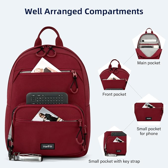 HanTrip 13 Inch Mini Small Travel Backpack Cary on For Women Men, Burgundy | 13L Capacity, Lots of Pockets, Padded Shoulder Strap, Lightweight, Water Resistant, Bookbag for College, Commuter, Work