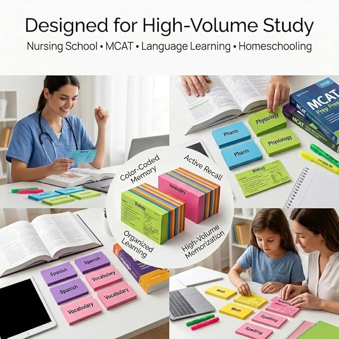 Debra Dale Designs Blank Flash Cards 1000 Pack – Neon Study Cards 2″ x 3.5″ – Small Color Index Cards for Studying, Vocabulary, Notes & Memory – 65 lb Cardstock – Storage Box – Made in USA