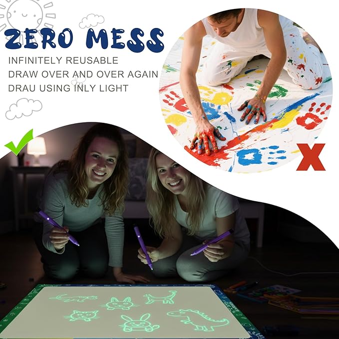 Dunzoom Light Reactive Drawing Surface Board 36 x 24 Inch Bright Glow Effect with 2 Purple Light LED Pens and 1 Number Alphabet Stencil for Drawing Writing Doodle Glow in The Dark Party Favors