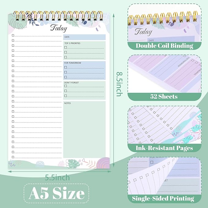 Thboxes 2 Packs To Do List Notepad, 104 Pages To Do List Notebook A5 Undated Daily Planner Notepad with Task Checklist Home Office School Supplies